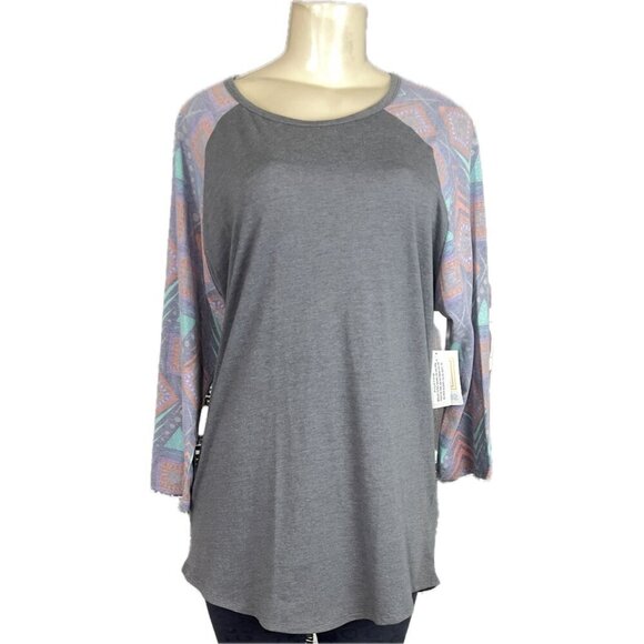 LulaRoe 2XL Randy Gray Crew Geometric Washed-Out Long Raglan Sleeve Print Tee - Picture 2 of 6